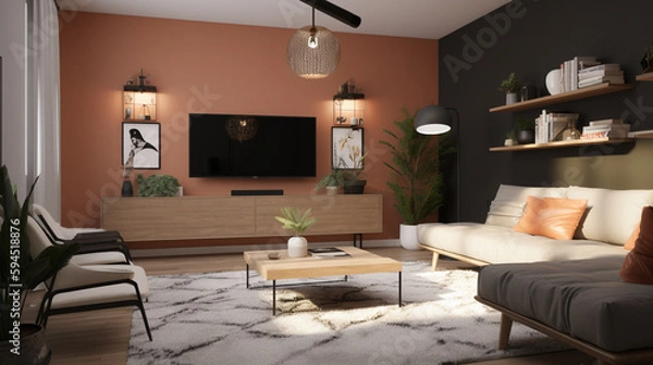 Fototapeta A modern living room with a bold accent, generative ai