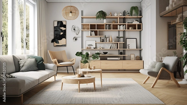 Fototapeta A Scandinavian-style living room, generative ai