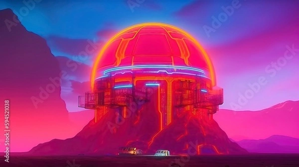 Fototapeta Futuristic fantasy landscape sci-fi landscape with_planet illustration . Generative AI