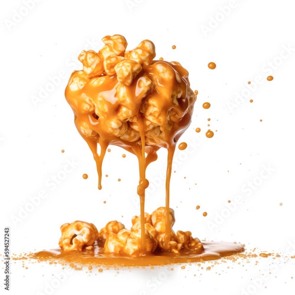 Fototapeta Dynamic shot of salted caramel popcorn, drizzled with caramel and sprinkled with salt, with contrasting light and caramel popcorn in the foreground. Isolated white background adds to the visual appeal