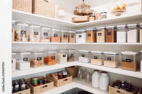 Fototapeta reorganized pantry with clearly labeled food and organized shelves, created with generative ai