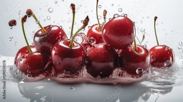 Fototapeta Fresh ripe cherry on white background with water drops on a white background, top view