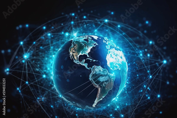 Fototapeta Communication technology for internet business global reach. Digital data technology wave. Big data and data science wave background. Generative AI.