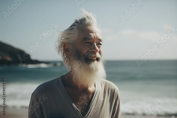 Fototapeta Serene senior man relaxing on a beach created with Generative AI