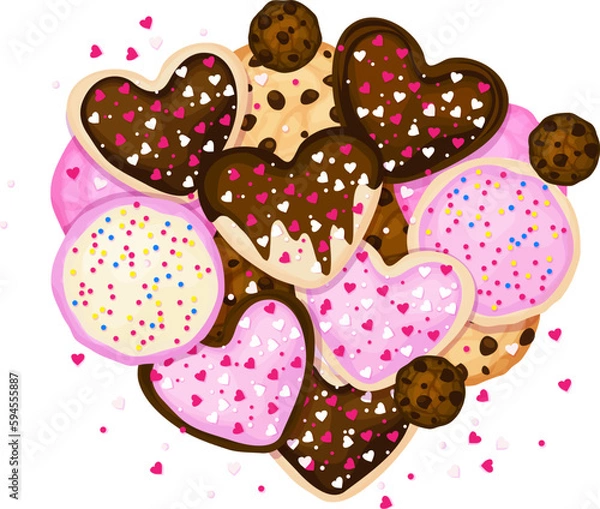 Obraz Pile of Valentine's Day-themed chocolate and sugar frosted cookies with sprinkles scattered around. Isolated vector illustration.
