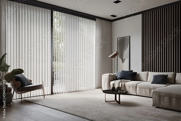Fototapeta large window with automated blinds and curtains, providing privacy for the room, created with generative ai