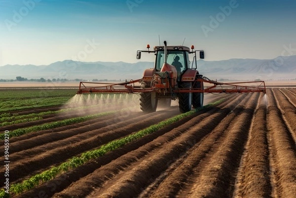 Fototapeta A plantation field with a tractor and Glyphosate irrigation, chemical products in agriculture. Pesticides on plantantion field at sunset. Generative AI Technology.
