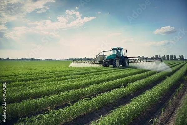 Fototapeta A plantation field with a tractor and Glyphosate irrigation, chemical products in agriculture. Pesticides on plantantion field at sunset. Generative AI Technology.