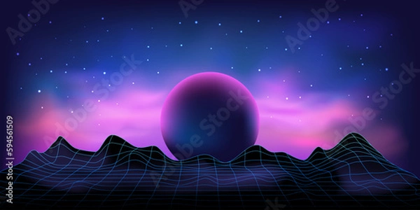 Fototapeta Futuristic retro landscape in 80s style. Polygon map of the area. Cyberspace. Abstract digital neon background. Digital vector illustration. Retro. Space sky and planet surface.