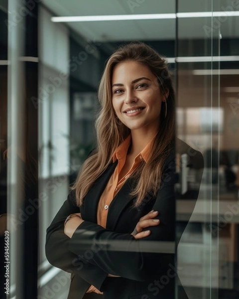 Obraz Friendly business professional female, looking at the camera, smiling, standing next to a glass office door
