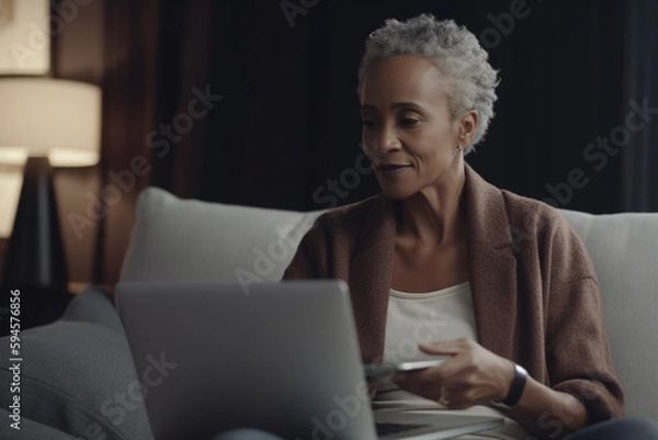 Fototapeta stylish older black woman with laptop computer at home, created with Generative AI Technology