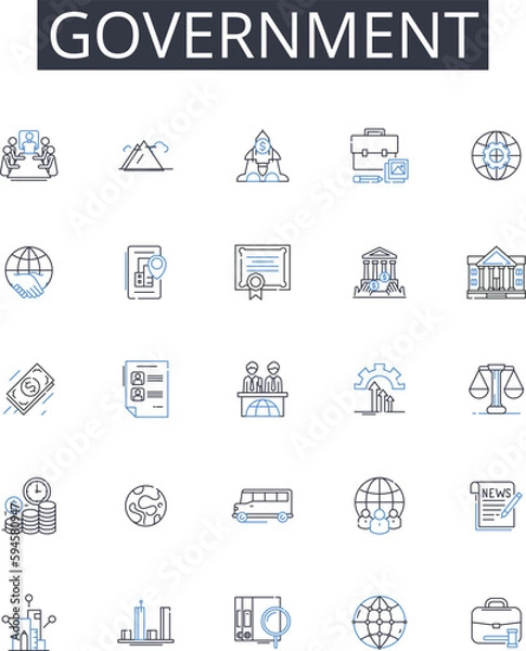 Fototapeta Government line icons collection. Authority Power, State Regime, Administration Management, Governance Direction, Regulator Overseer, Regime Rule, Rule Polity vector and linear illustration. Ruling