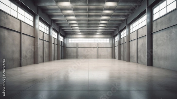 Fototapeta empty industrial building with large windows and tile floor, light shines on the concrete
