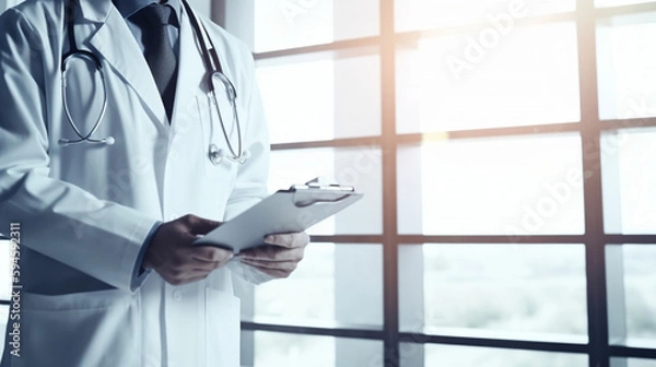 Fototapeta close up of a Doctor in a medical uniform with a clipboard