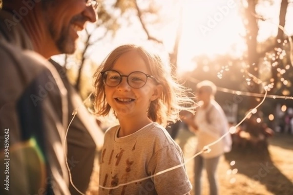 Fototapeta A Little Girl With Glasses Smiles As A Man Watches Her And A Man Holds A String Urban Park At Golden Hour With Fall Foliage Advertising Photography Retirement Planning Generative AI