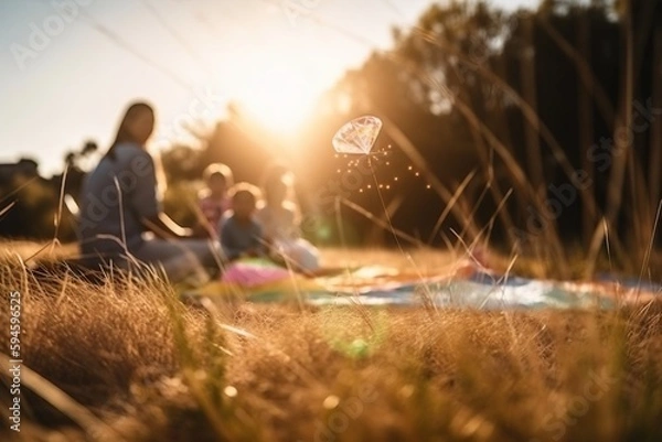 Fototapeta A Group Of People Sitting In A Field With A Kite Flying In The Air Urban Park At Golden Hour Portrait Photography Estate Planning Generative AI