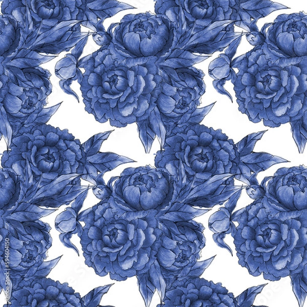 Fototapeta Seamless pattern with peonies and leaves on a dark background, Floral Textile Design, Elegant Monochrome blue Print, Plants and Leaves Texture Background