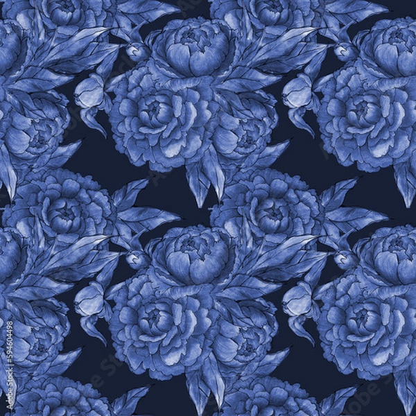 Fototapeta Seamless pattern with different peonies and leaves on a dark background, Floral Textile Design, Elegant Monochrome blue Print, Plants and Leaves Texture Background
