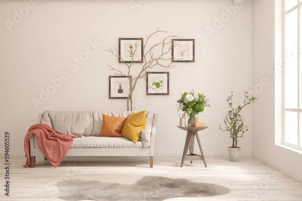 Fototapeta White living room with sofa. Scandinavian interior design. 3D illustration
