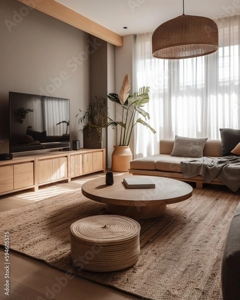 Fototapeta A Living Room With A Couch Coffee Table And Television In It Living Room Minimalism Interior Design Generative AI