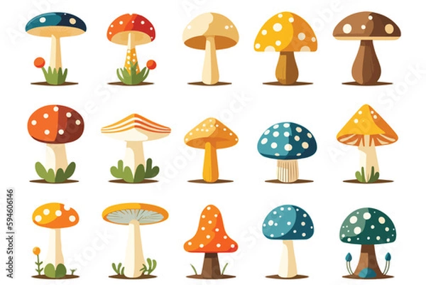 Fototapeta Variety of mushrooms and plants featured on a white background