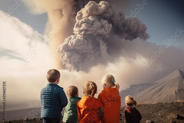 Fototapeta Children looking at eruption of volcano , Generative AI