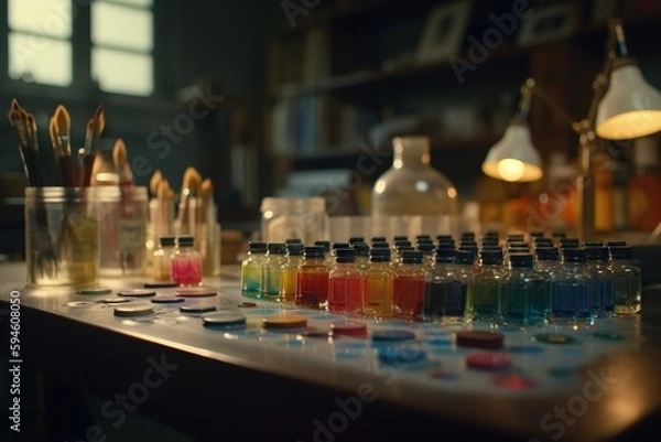 Obraz A Table With A Lot Of Bottles And A Lot Of Paint Distillery Jewelry Making Fragrances Generative AI