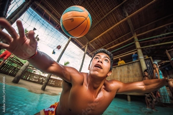Fototapeta A Man Is Playing Basketball In A Pool With Other People Watching Basketball Court Sports Photography Sports Photography Generative AI