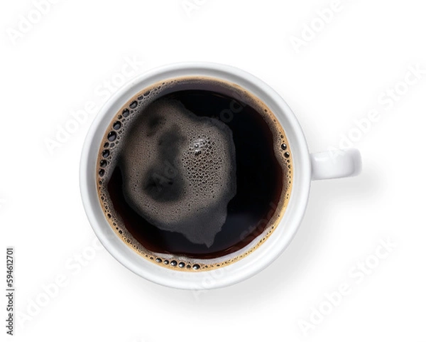 Fototapeta Top view of isolated mug with hot black coffee with foam on transparent cutout PNG background. generative AI