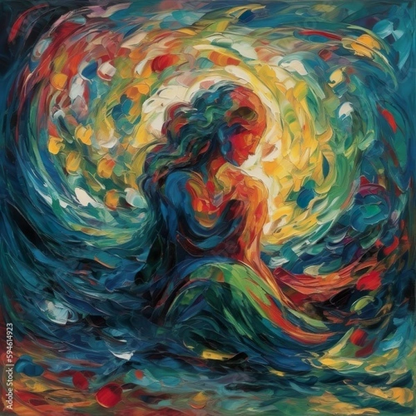 Fototapeta A contemporary oil painting portraying a tranquil figure in deep meditation, surrounded by swirling waves of psychic energy that emanate from their mind. - Generative AI