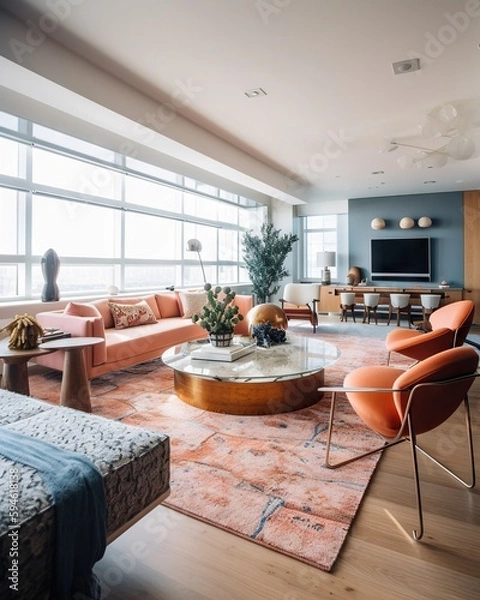 Fototapeta A Living Room With A Couch Chairs And A Television Living Room Art Deco Interior Design Generative AI
