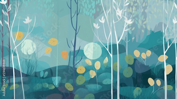 Fototapeta Abstract illustration. Group of green leaves sitting on top of trees in a forest