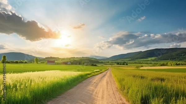 Fototapeta road that leads to an empty grassy field under a bright sun