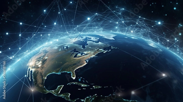 Fototapeta image of the earth with many network lines on it and stars surrounding