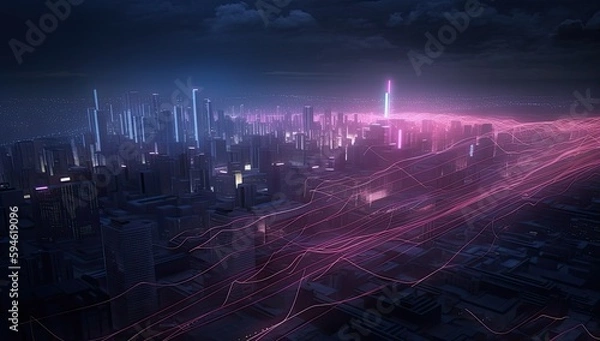 Obraz Captivating Light Rays in a Bright Pattern Illuminate a Darkened Cityscape - generative ai