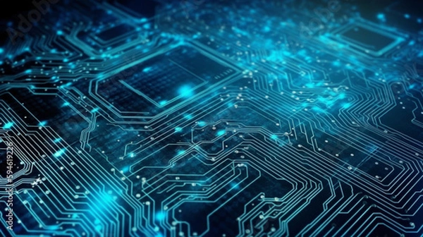 Fototapeta blue and black circuit board circuit background with an image of the technology chip