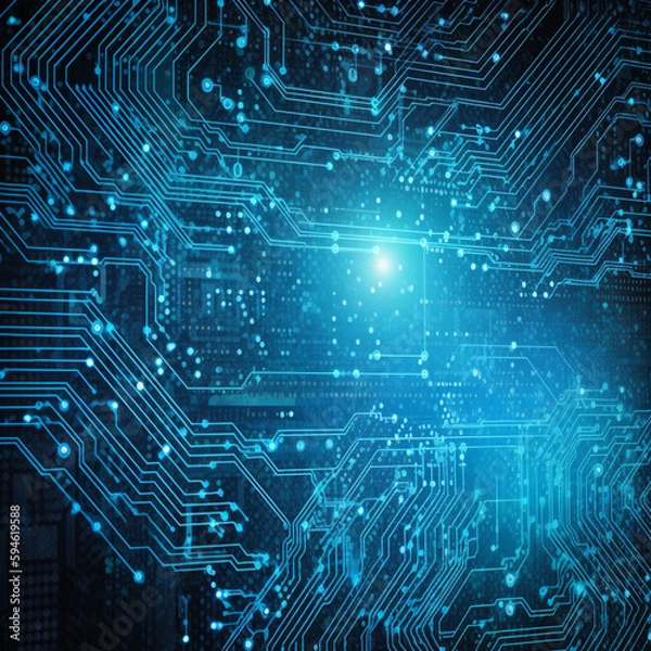 Fototapeta abstract circuit board pattern in blue with glowing blue points on the middle of it