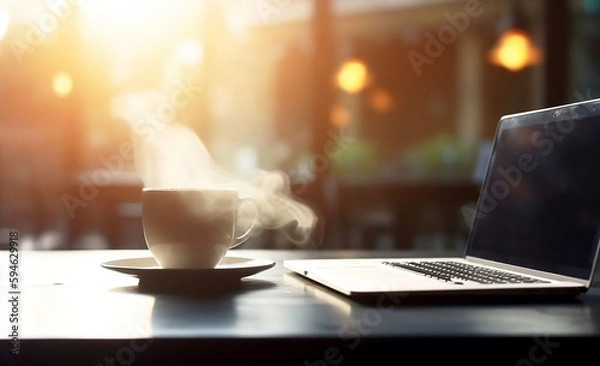 Fototapeta Business Laptop on Table with Coffee Cup, Blurred Background and Copy Space for Online Work