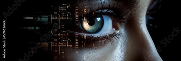 Fototapeta Advanced data scanning and future technology backdrop. Scientific cyber technology innovation safety science. Artificial intelligence concept. Wide banner, copy space. AI generated digital design.