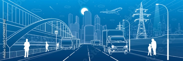 Obraz City transportation infrastructure illustration. Passengers get off the bus. people walk down the street. Energy pylons. Automotive highway. Cars move. Night town at background, vector design art