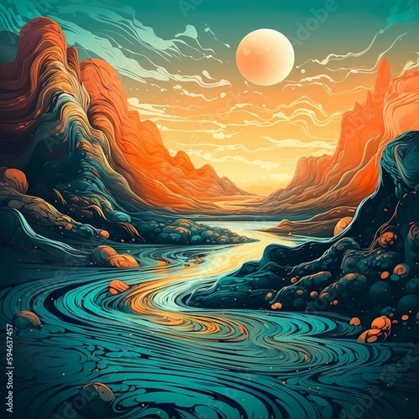 Fototapeta A dreamlike digital illustration showcasing a surreal landscape, where undulating waves of psychic energy ripple through the sky and terrain. - Generative AI