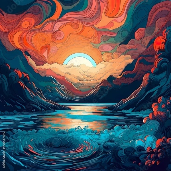 Fototapeta A dreamlike digital illustration showcasing a surreal landscape, where undulating waves of psychic energy ripple through the sky and terrain. - Generative AI