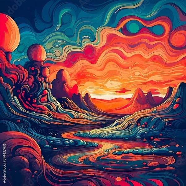 Fototapeta A dreamlike digital illustration showcasing a surreal landscape, where undulating waves of psychic energy ripple through the sky and terrain. - Generative AI