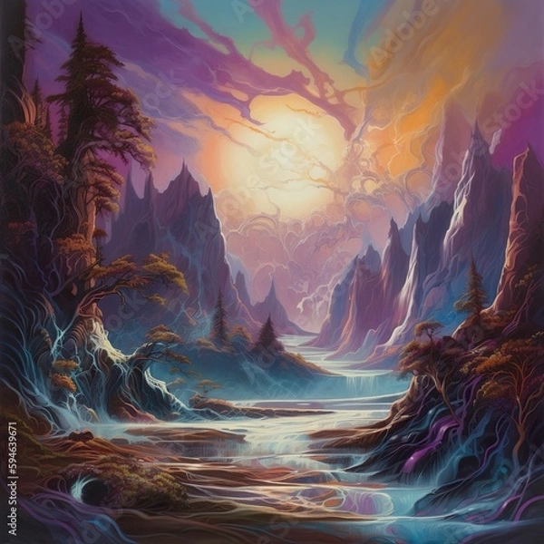 Fototapeta An imaginative acrylic painting presenting a fantastical landscape, with waves of psychic energy weaving through the air and the environment. - Generative AI