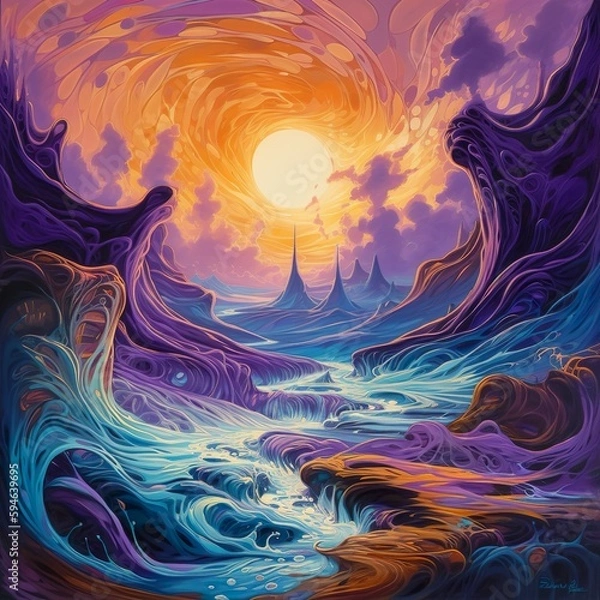Fototapeta An imaginative acrylic painting presenting a fantastical landscape, with waves of psychic energy weaving through the air and the environment. - Generative AI