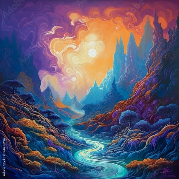 Fototapeta An imaginative acrylic painting presenting a fantastical landscape, with waves of psychic energy weaving through the air and the environment. - Generative AI