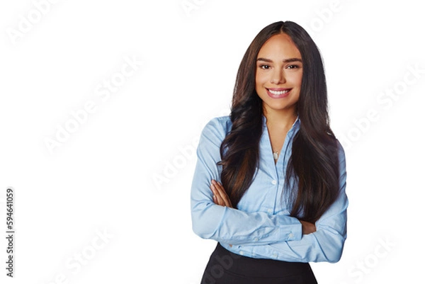 Obraz Portrait, happy and business woman with arms crossed isolated on a transparent png background. Professional, smile and confident female person or entrepreneur from Brazil with pride for career or job