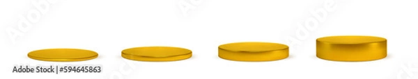 Fototapeta Set golden podium base platform different heights. 3d round gold blank stand pedestal for product presentation.Vector cylinder shape. Podium mockup realistic illustration