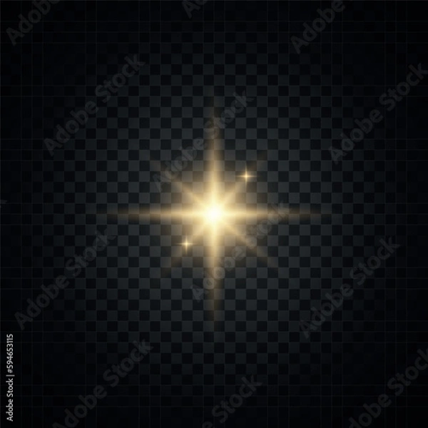 Fototapeta Vector realistic illustration of shiny bright rocket burst. Shiny glow star with stardust, gold lens flare. Glare and glitter pattern for your design. Light flash golden png. Yellow shining sun. 