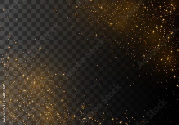 Fototapeta Magic gold dust and highlights. Glowing glitter of smoke or splashes. Golden Rain. Stardust sparkles with an explosion on transparent background. Sparks golden stars shine with special light vector.